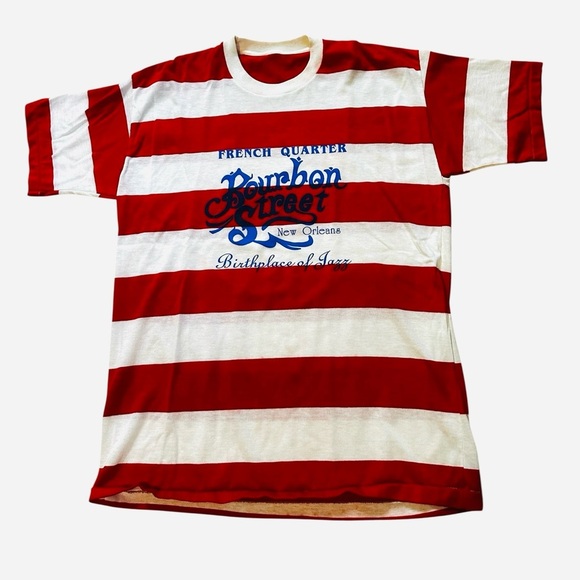 VINTAGE 1980s Bourbon Street New Orleans Jazz French Quarter T Shirt XL Striped - Picture 1 of 6